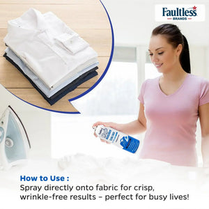 Woman using Faultless Magic spray on fabric for crisp, wrinkle-free results with iron nearby