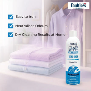 Faultless Magic Premium Sizing Finish ironing spray for easy ironing, odor neutralizing, and dry cleaning results at home