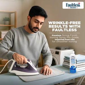 Man ironing clothes with Faultless Premium Sizing Finish spray for wrinkle-free results, imported from USA