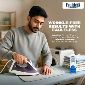 Man ironing clothes with Faultless Premium Sizing Finish spray for wrinkle-free results, imported from USA
