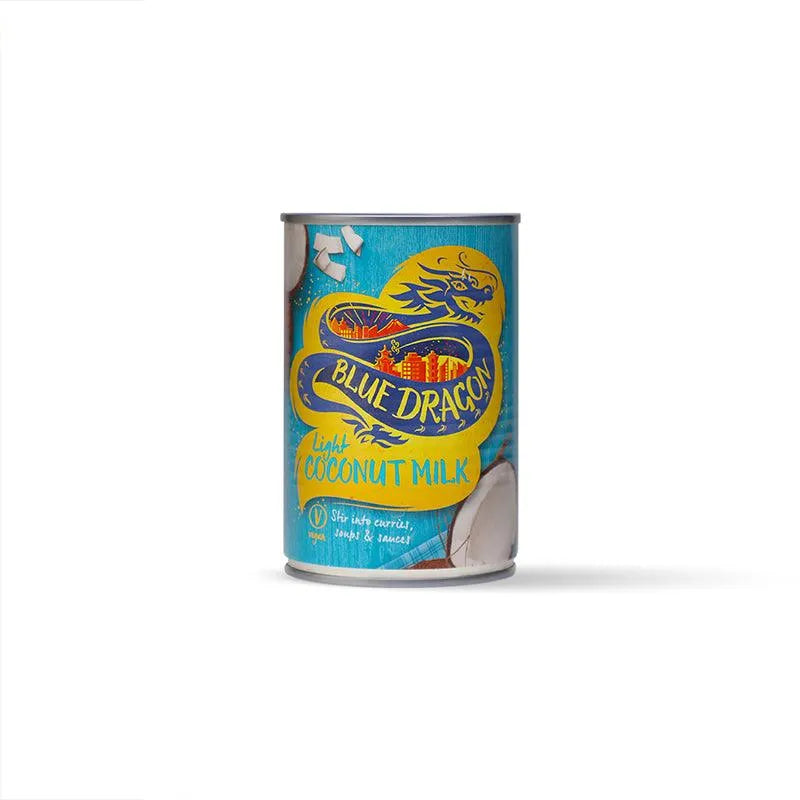 Blue Dragon light coconut milk can with blue label and coconut imagery on white background
