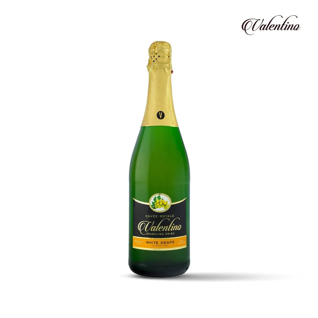 Valentino Cuvee Royale white grape sparkling drink in green bottle with gold foil