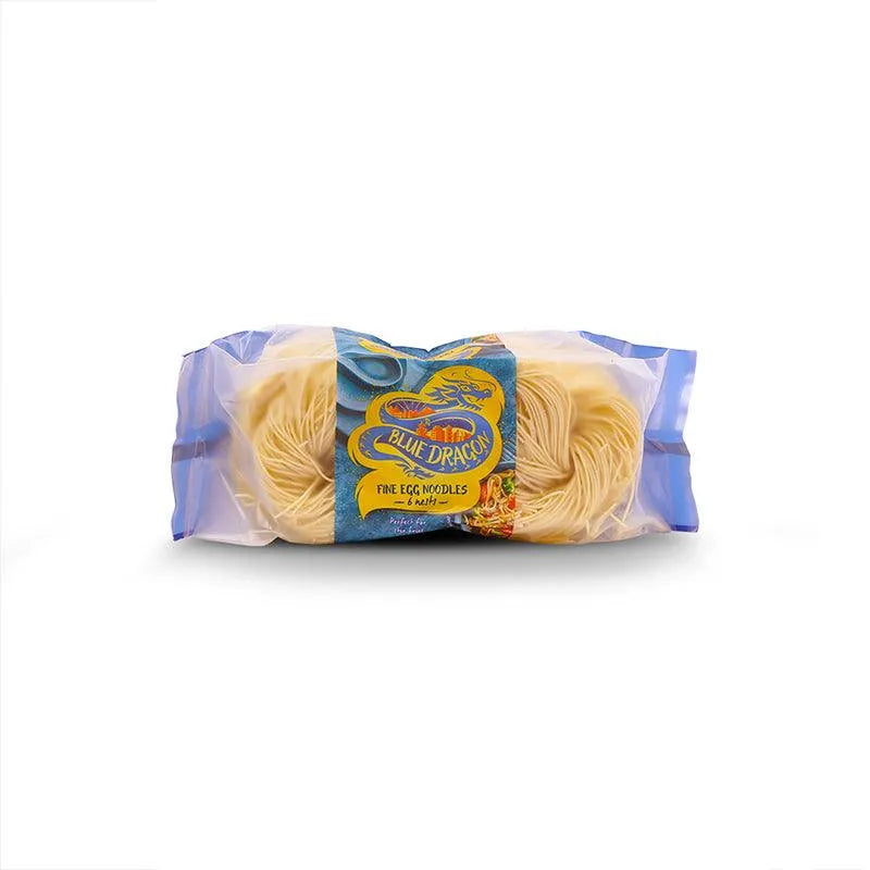 Blue Dragon fine egg noodles 6 nests in clear packaging on white background