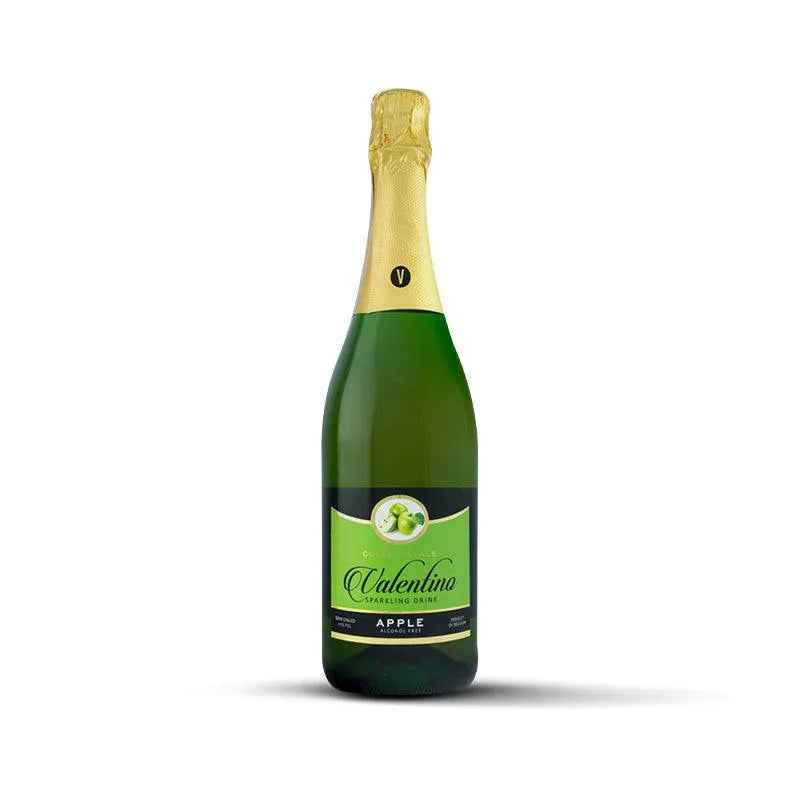 Valentino Apple sparkling drink bottle with gold foil and green label on white background