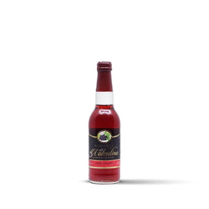 Valentino red grape sparkling drink bottle with dark label on white background
