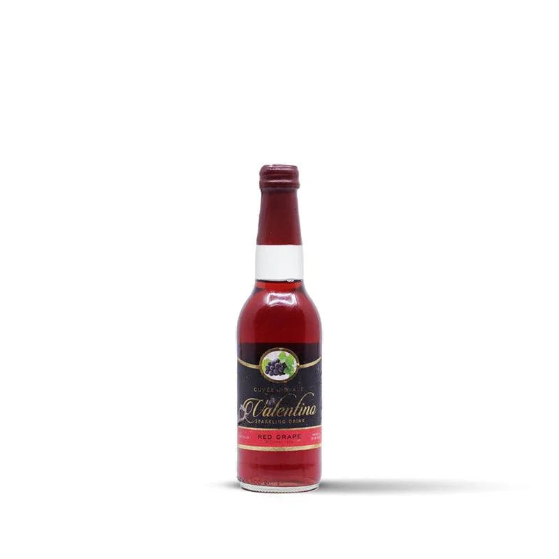 Valentino red grape sparkling drink bottle with dark label on white background