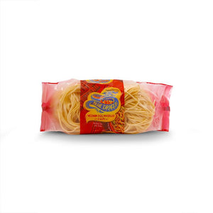 Pack of Blue Dragon medium egg noodles in red and yellow packaging on a white background