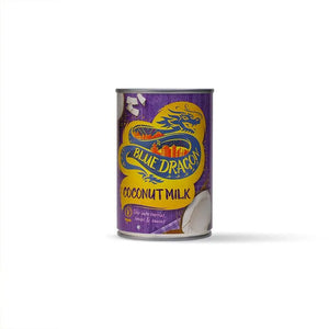 Blue Dragon coconut milk can with purple label and dragon graphic, isolated on white background