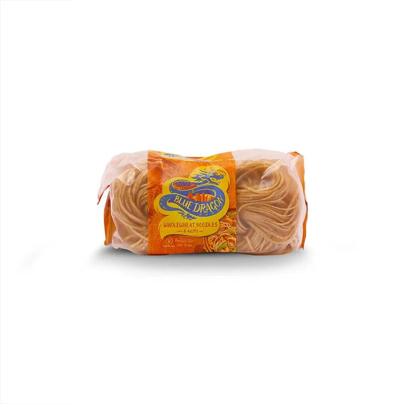 Blue Dragon wholewheat noodles in orange packaging on a white background