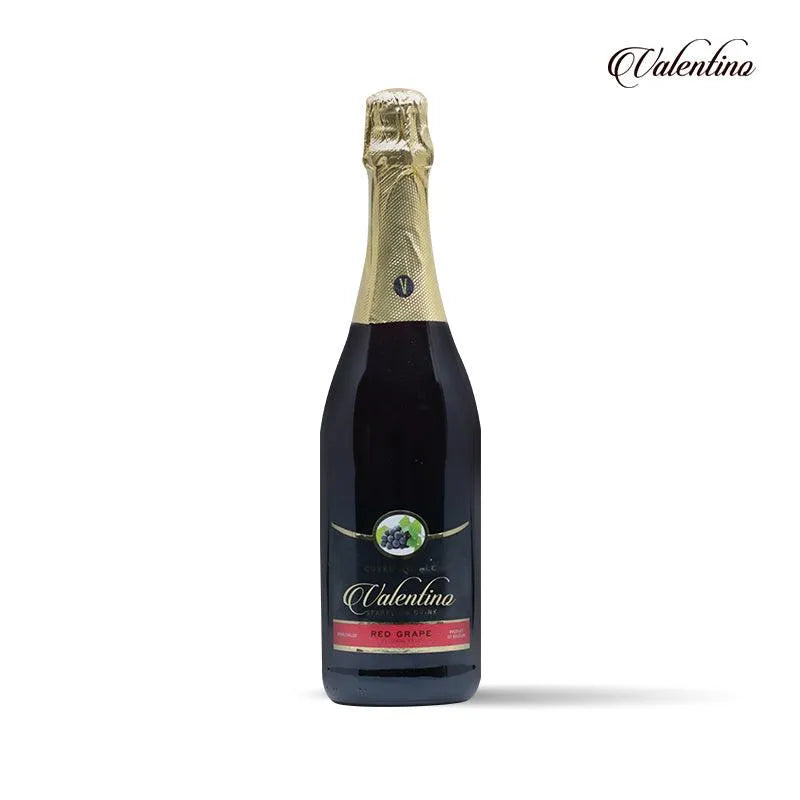 Valentino red grape sparkling juice bottle with gold foil and label on white background