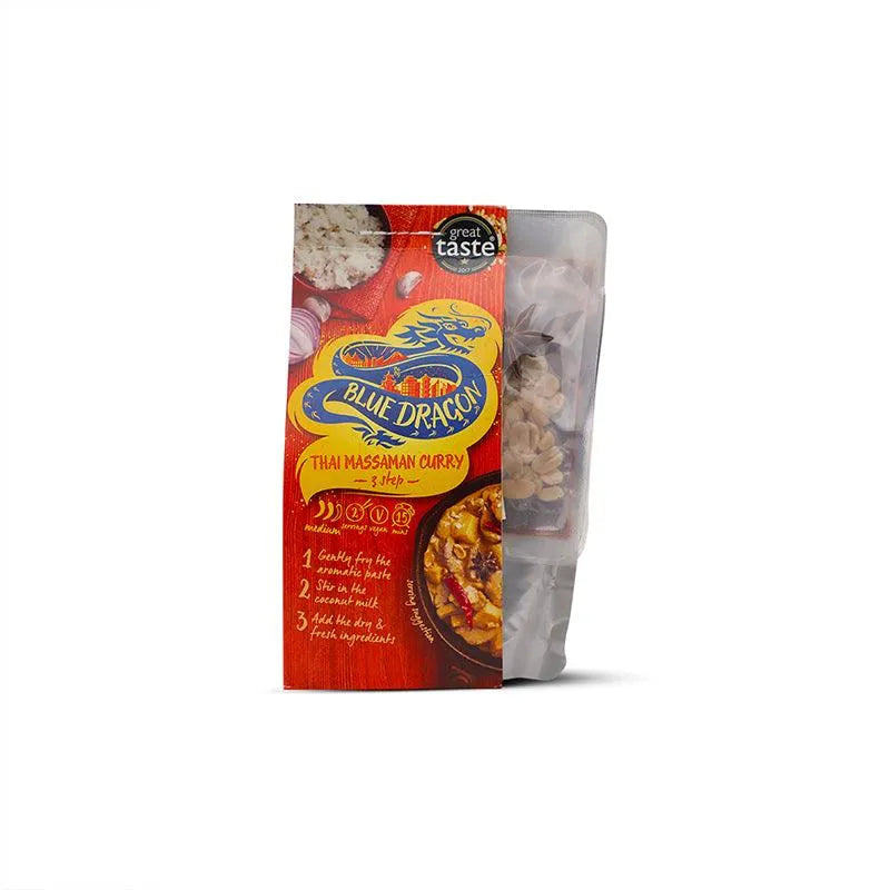 Blue Dragon Thai Massaman Curry meal kit with visible ingredients in clear packaging