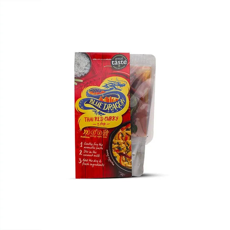 Blue Dragon Thai Red Curry cooking kit with colorful packaging and easy recipe steps
