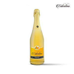 Valentino peach sparkling drink bottle with peach label on white background