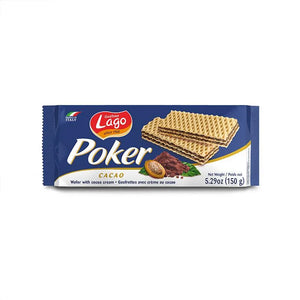 Gastone Lago Poker cacao wafers in blue packaging, cocoa cream filling, 150g pack.