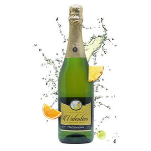 Valentino sparkling fruit cocktail bottle with splashing juice, orange slice, pineapple, and grape