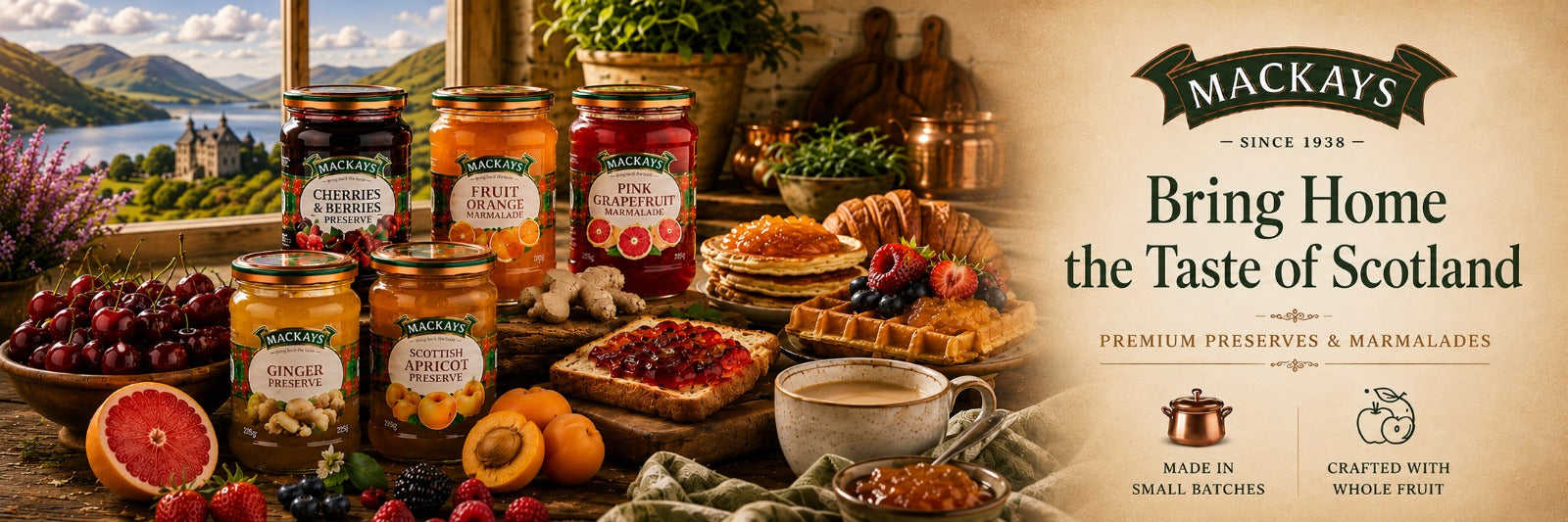 Mackays Scottish Raspberry, Seville Orange & Strawberry Preserves, made in Scotland with whole fruit