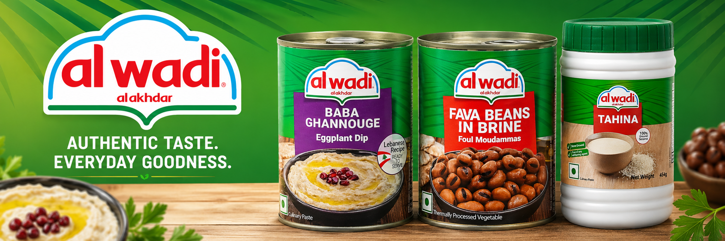 Assorted Lebanese food products including baba ghannouge, hummus, tahina, and falafel mix with a hummus dip bowl and fresh vegetable sticks