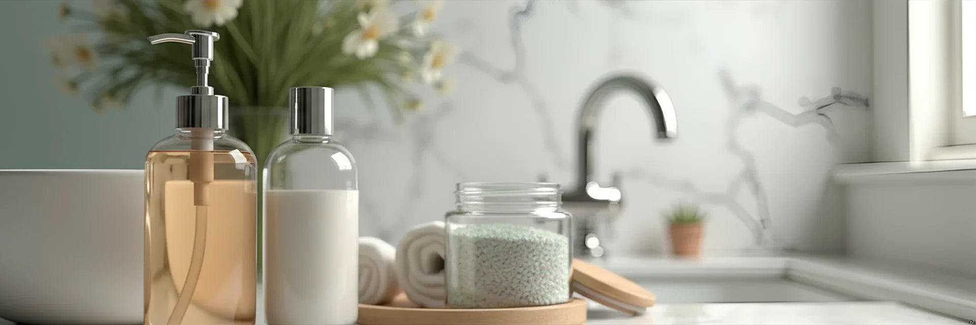 Bath and body wash bottles, bath salts jar, and rolled towels on a bathroom counter
