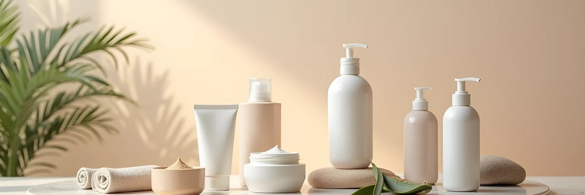 Assorted beige and white beauty and personal care products including lotions and creams arrayed on a white surface with green plant backdrop