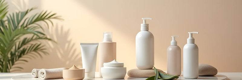 Assorted beige and white beauty and personal care products including lotions and creams arrayed on a white surface with green plant backdrop