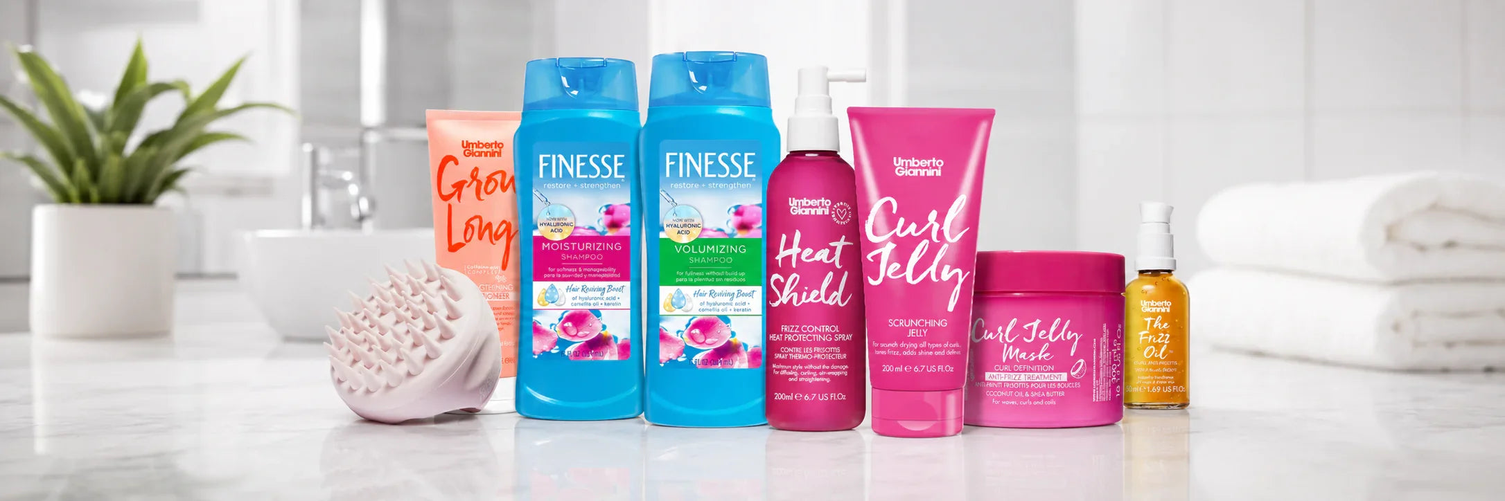 Beauty and personal care products with bottles, cream jars, towels, and leaves on a marble table