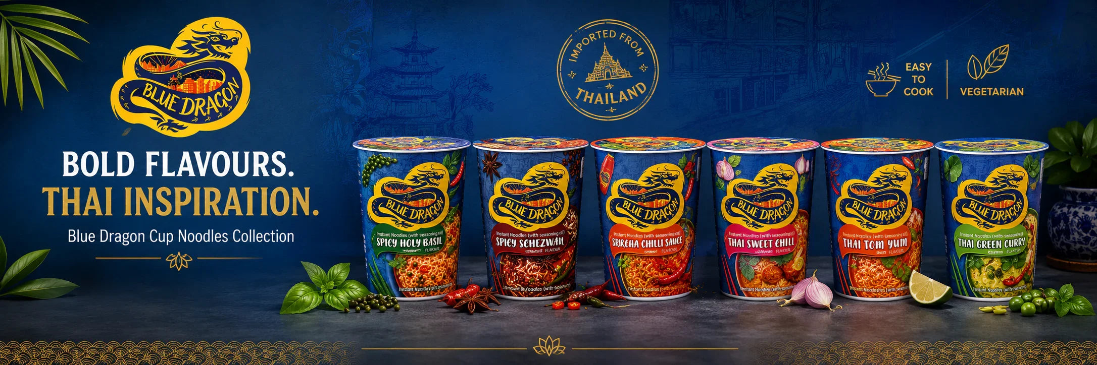 Blue Dragon instant cup noodles in Thai Tom Yum, Sweet Chili, and Green Curry flavors, new collection banner.