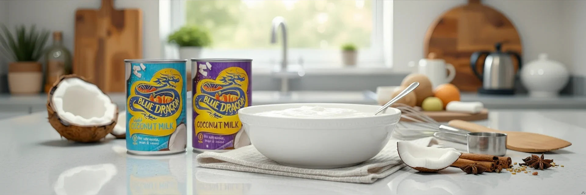 Coconut milk cans with fresh coconut, bowl of coconut milk, and spices on a kitchen counter