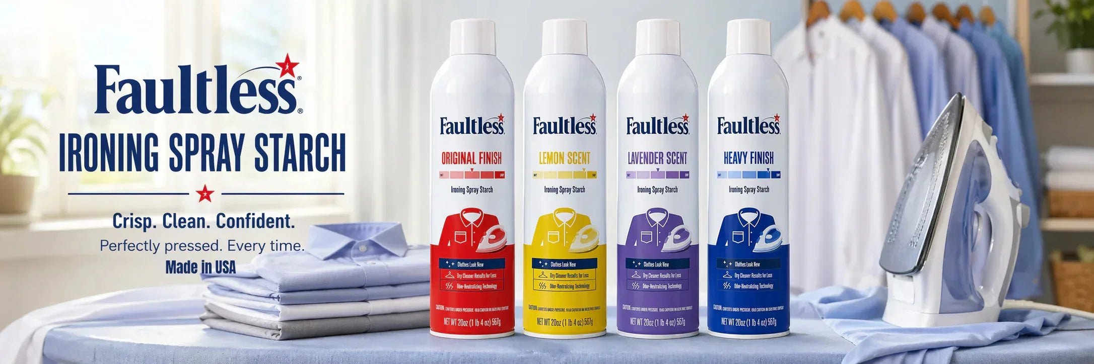 Faultless Ironing Spray Starch in Original, Lemon, Lavender & Heavy Finish scents for crisp, clean pressed clothes