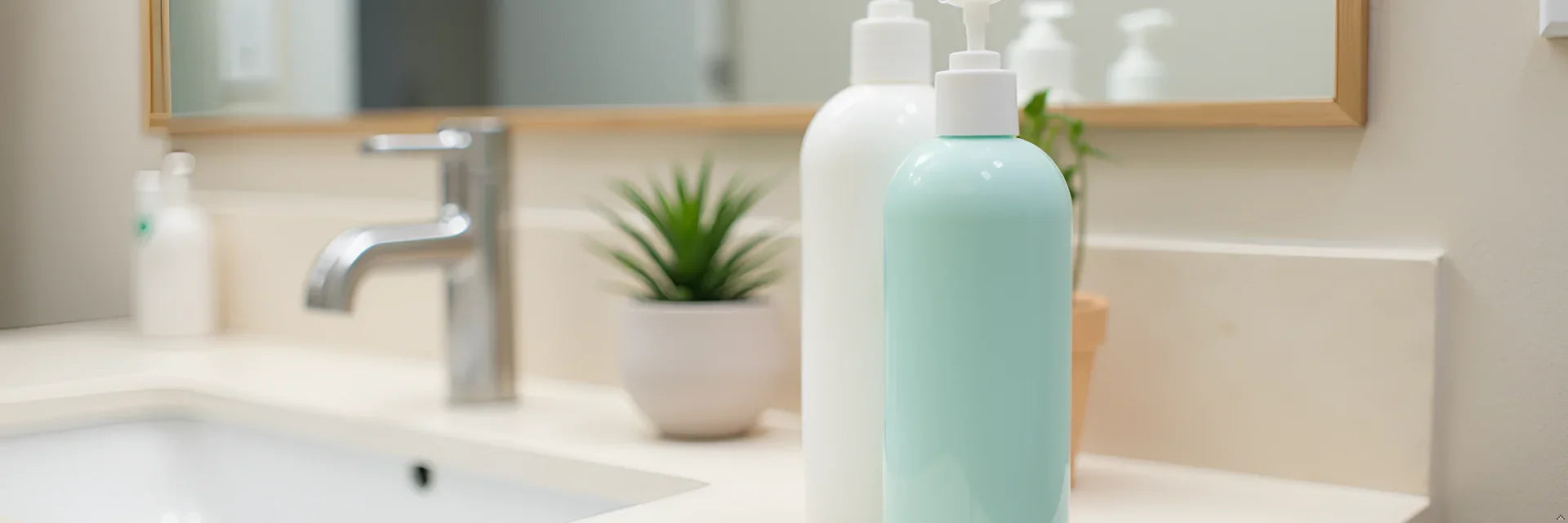 Hair conditioner bottles with pump dispensers on a bathroom counter beside a sink and plant