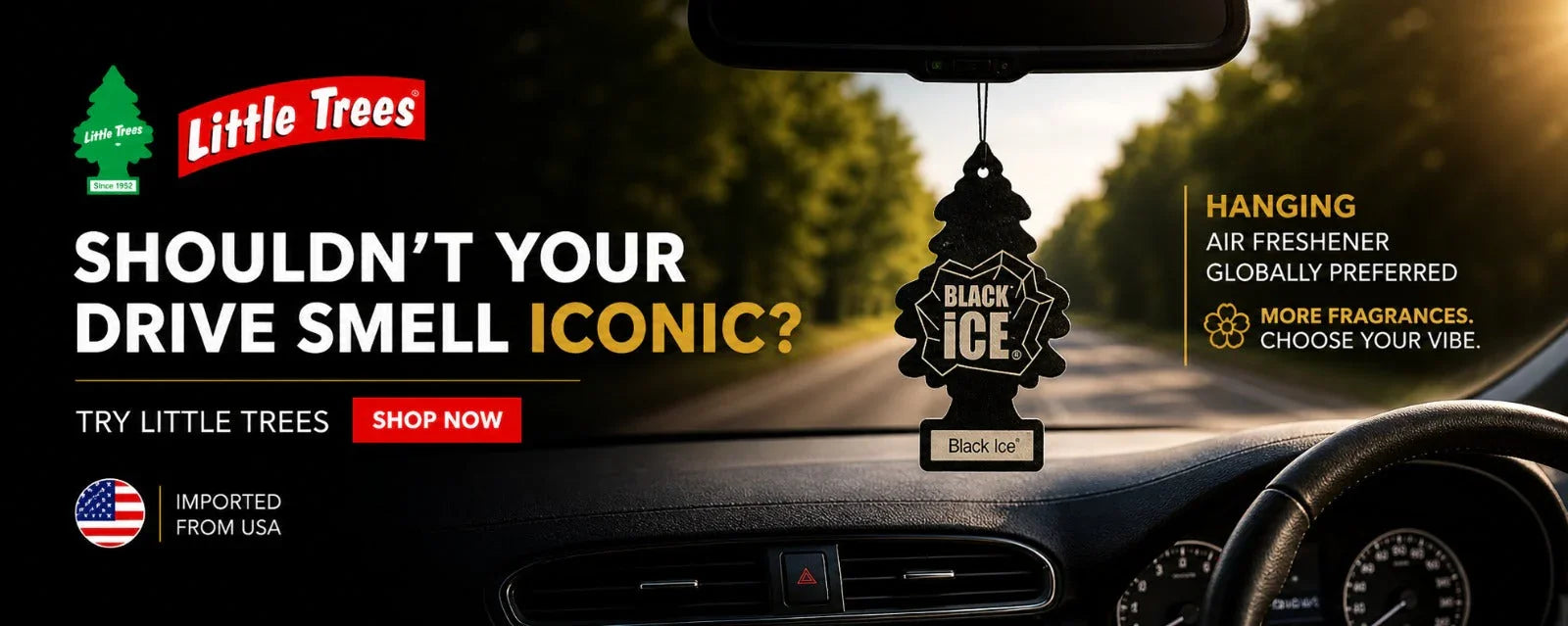 Little Trees Black Ice car air freshener hanging in vehicle, imported from USA
