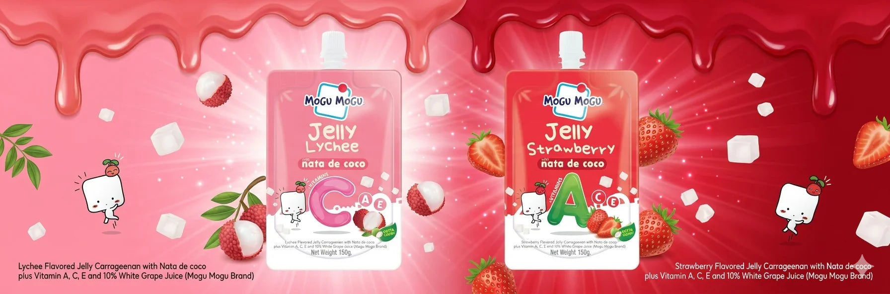 Mogu Mogu Lychee & Strawberry Jelly with Nata de Coco, Vitamins A,C,E, 150g pouches