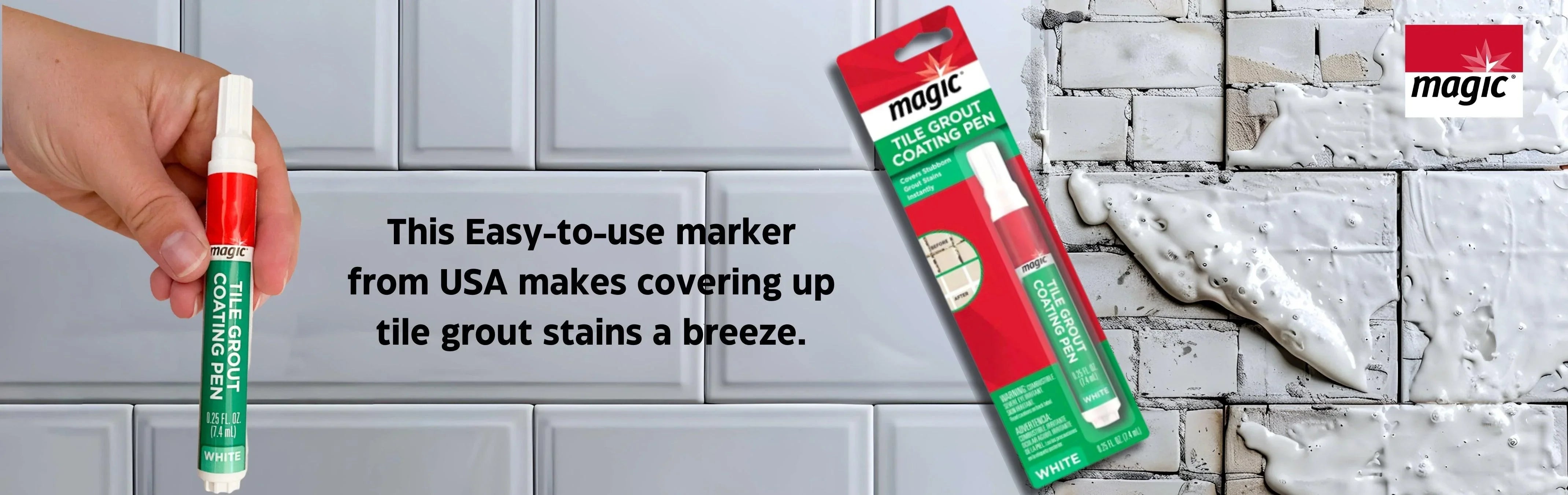 Magic Tile Grout Coating Pen in white, easy-to-use marker for covering grout stains on tiles
