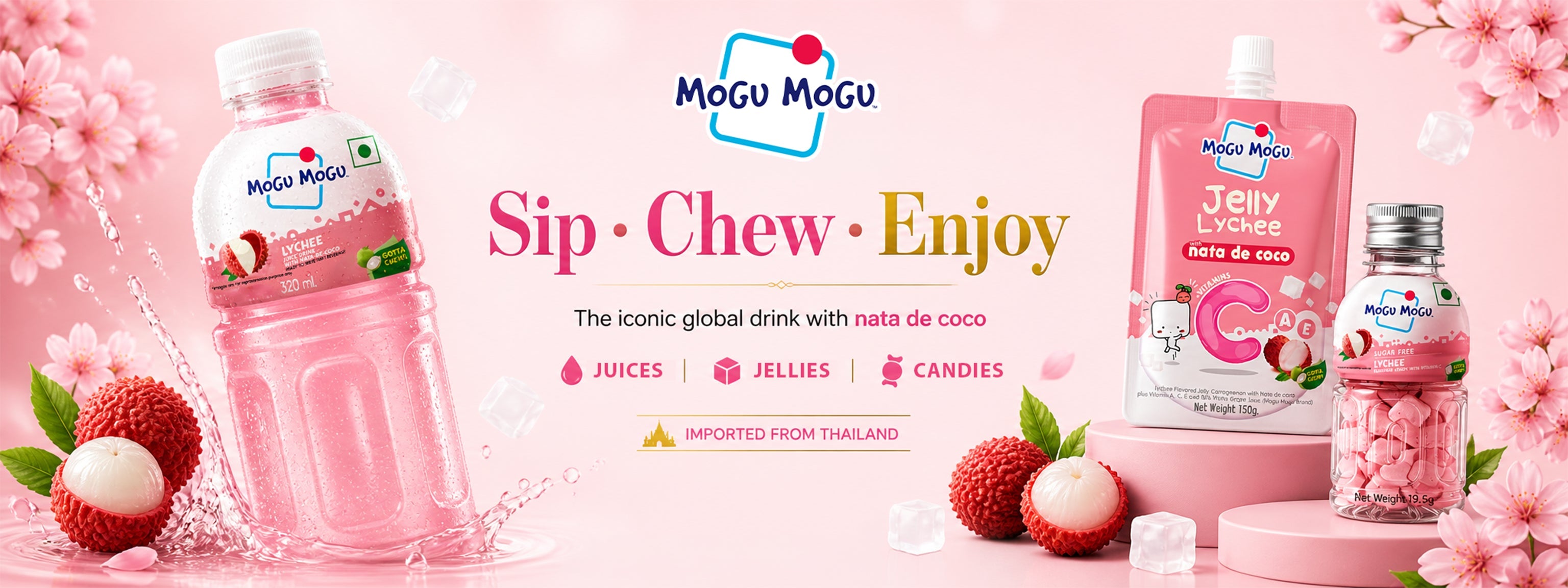 Mogu Mogu lychee juice, jelly & candies with nata de coco, imported from Thailand, pink floral background