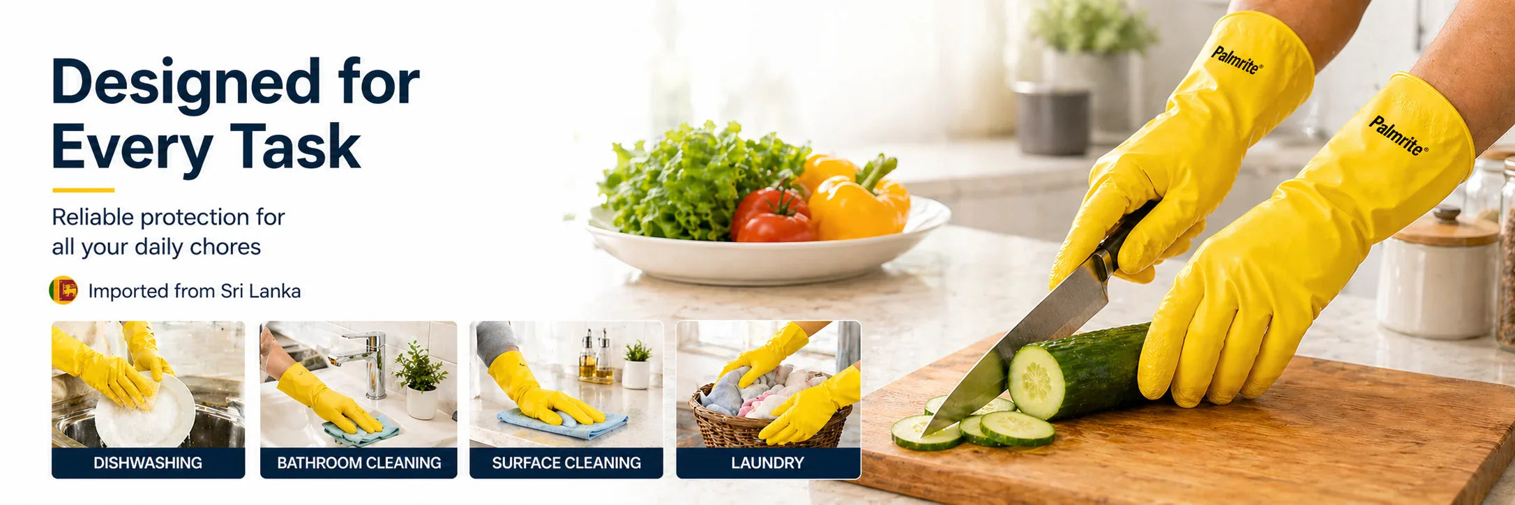 Yellow Palmrite cleaning gloves slicing cucumber, ideal for dishwashing, laundry, and surface cleaning tasks