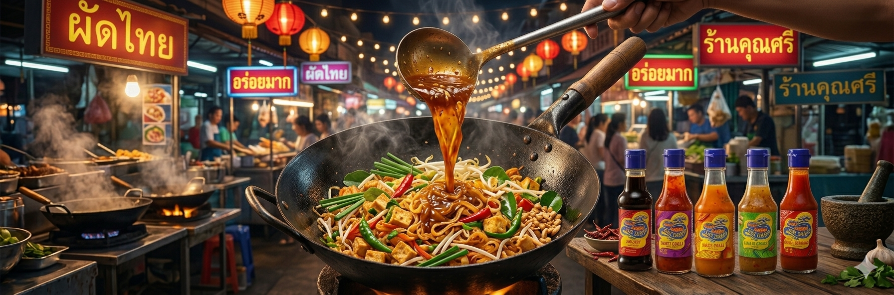 Thai street food stall cooking Pad Thai with sauces, noodles, tofu, and veggies under lanterns