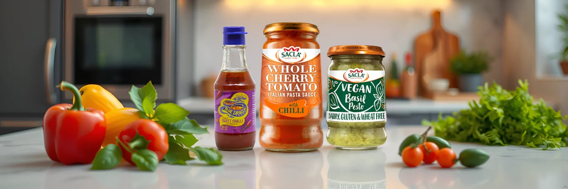 Assorted gourmet sauces including sweet chili, whole cherry tomato pasta sauce, and vegan basil pesto on kitchen counter with fresh vegetables