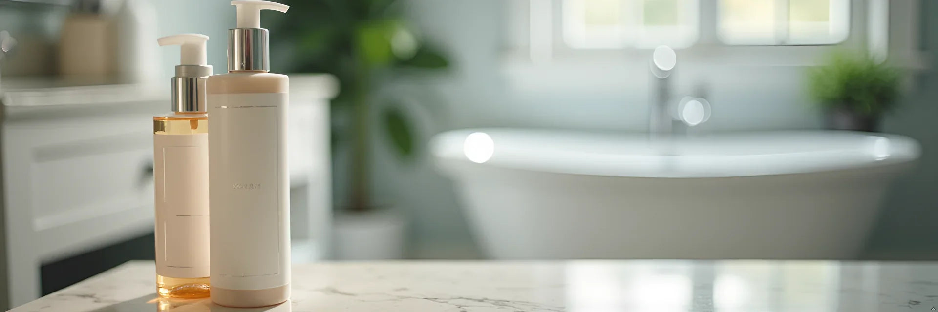 Luxury bath essentials with pump dispensers on marble countertop near freestanding tub