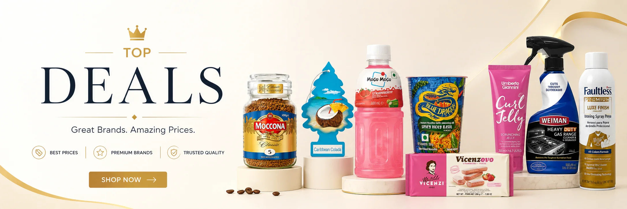 International gourmet foods, beverages, and home care products displayed with a scenic green hill background