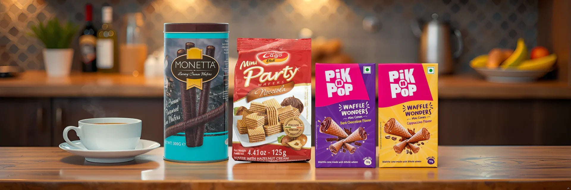 Assorted gourmet wafers & mini cones with coffee on kitchen counter, imported snacks for indulgence