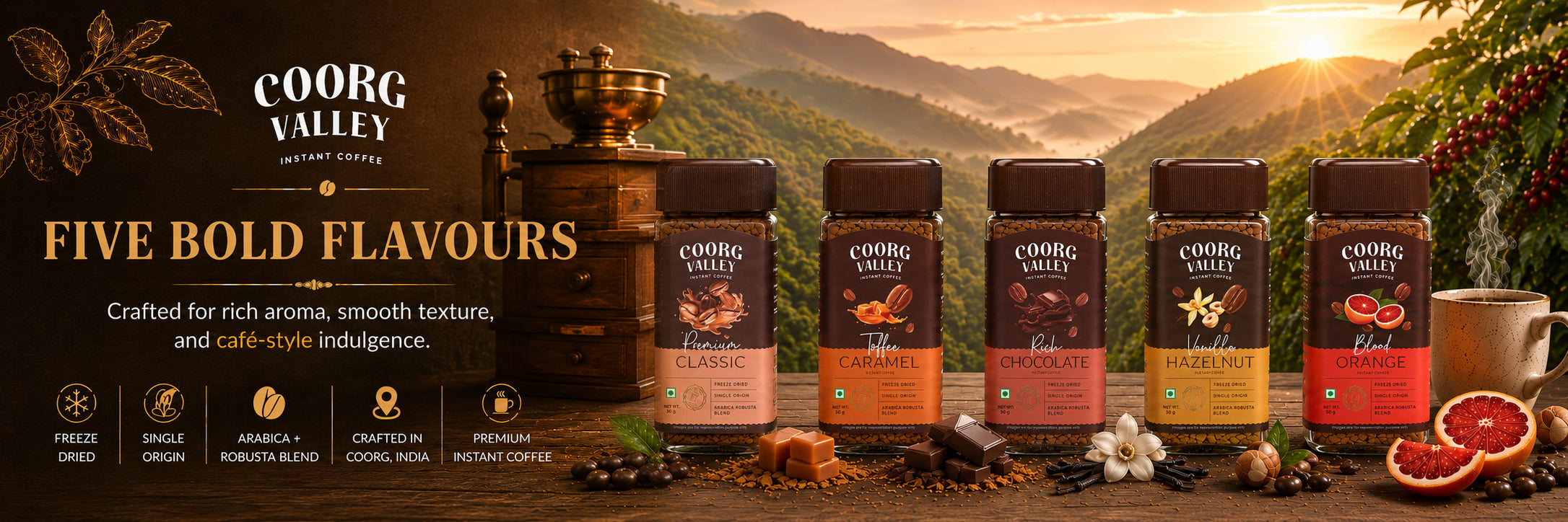 Instant flavored coffee jars on table with steaming cup, set in lush Coorg valley plantation at sunrise