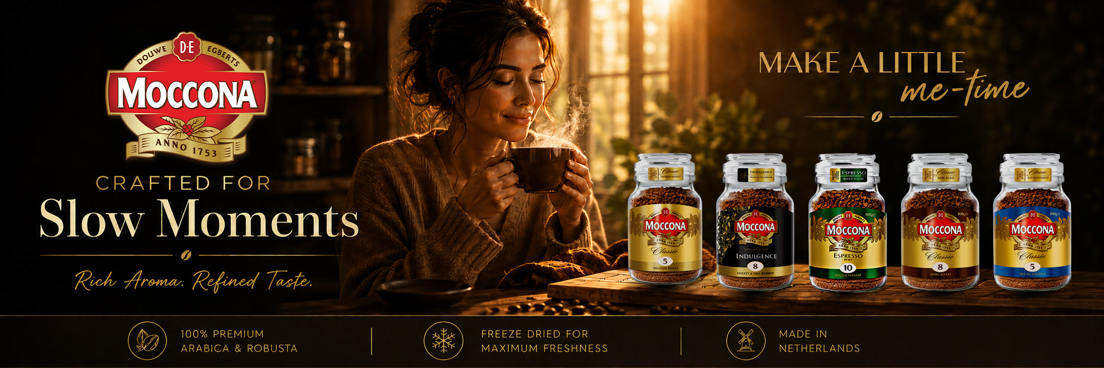 Moccona instant coffee jars: Espresso, Classic Medium, Dark Roast, Decaf & Indulgence blends