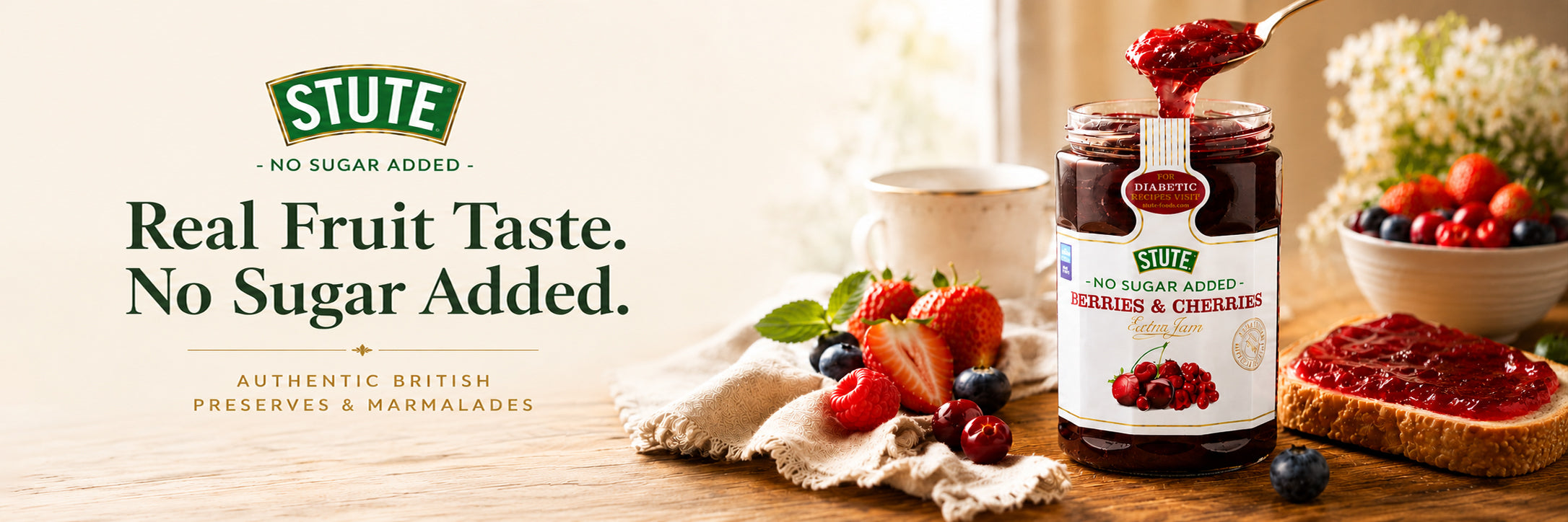 Stute no sugar added jams: Morello cherry, orange marmalade, strawberry in snow