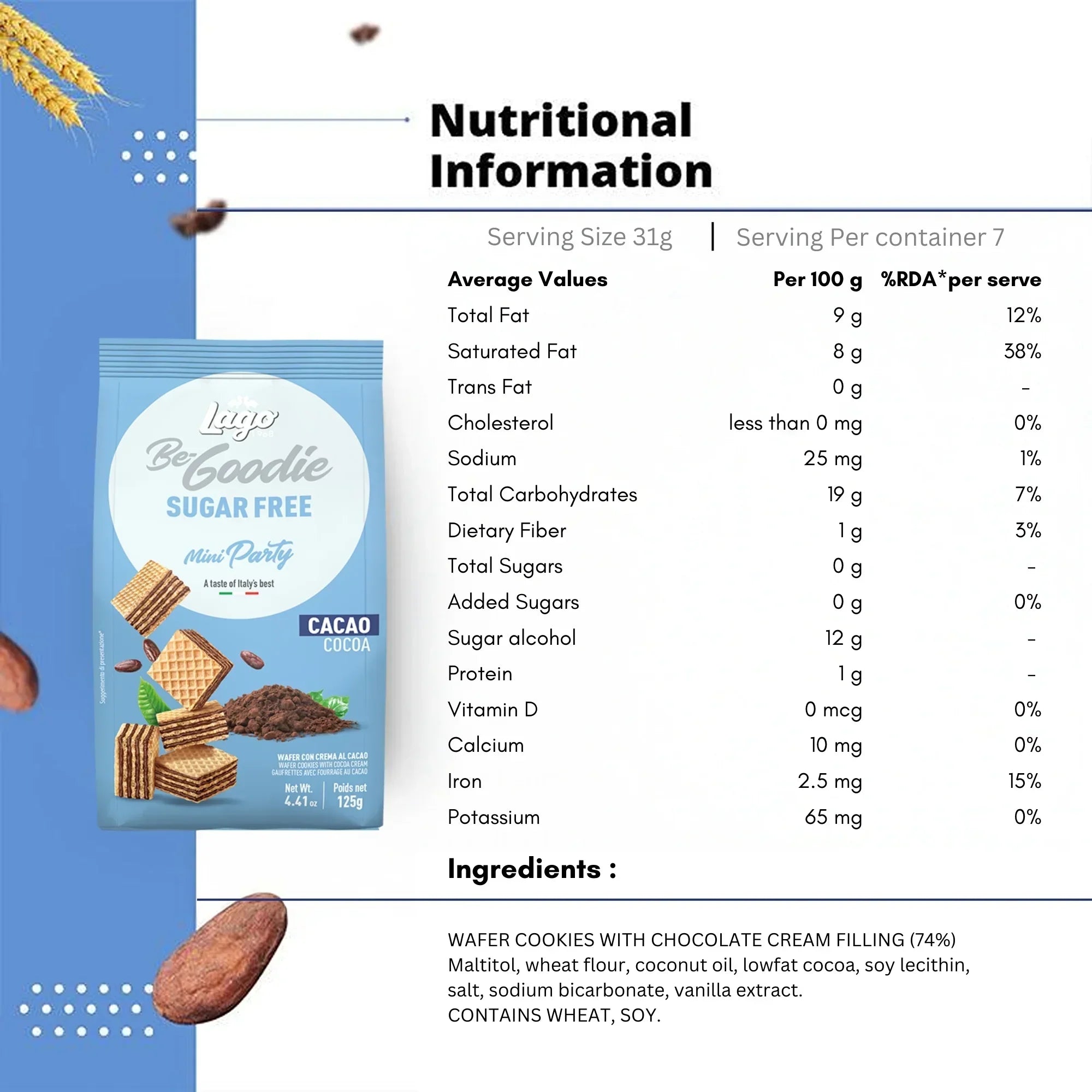 Lago BeGoodie Sugar Free Cacao cocoa wafer cookies packaging with nutrition and ingredients list