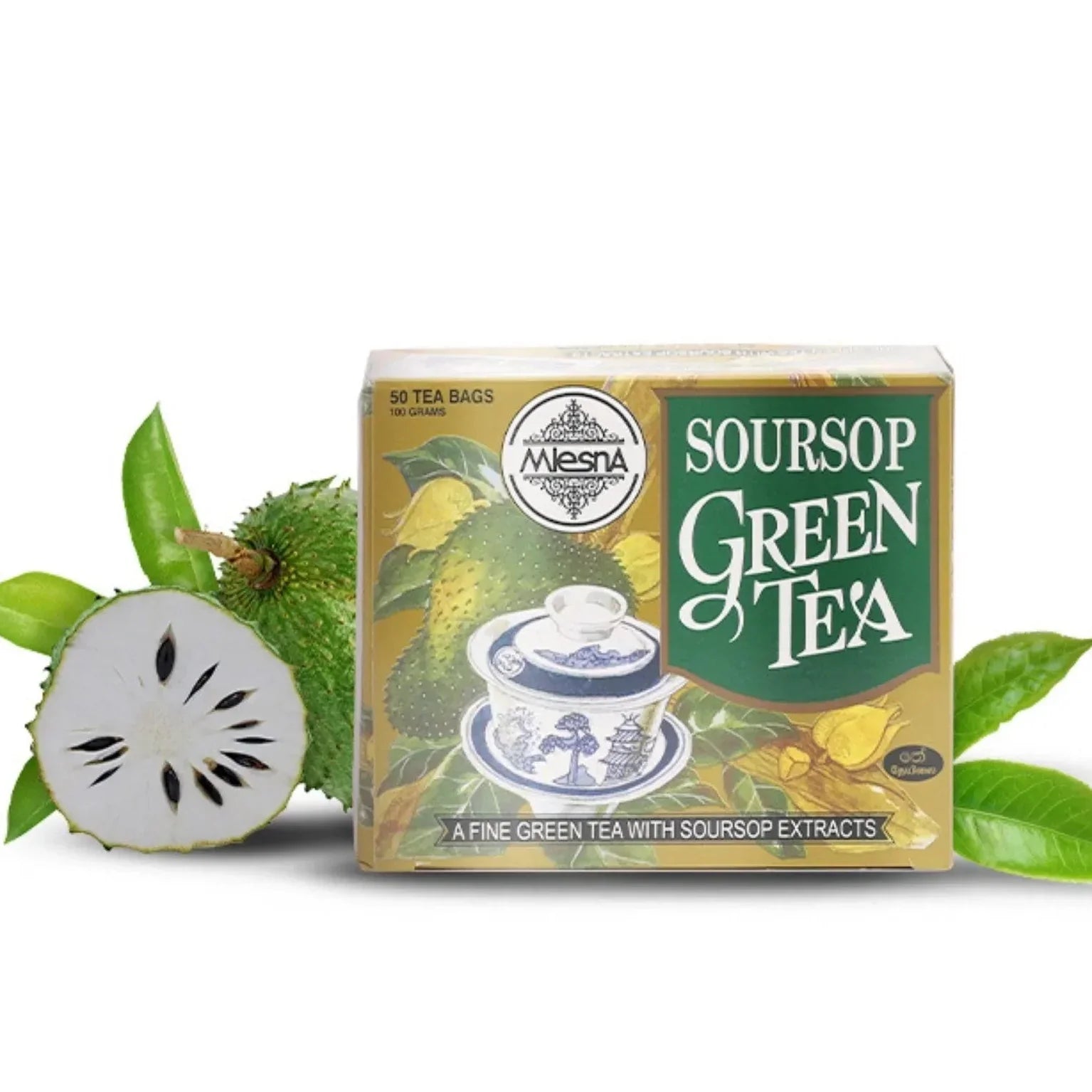 Mlesna Soursop Green Tea box with 50 tea bags, displayed with soursop fruit and green leaves