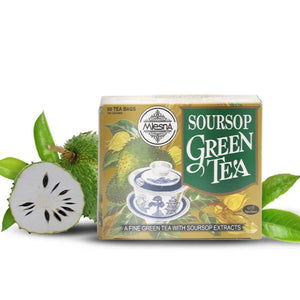 Mlesna Soursop Green Tea box with 50 tea bags, displayed with soursop fruit and green leaves