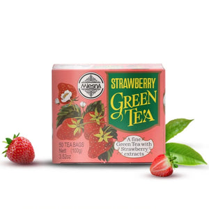Mlesna Strawberry Green Tea box with 50 tea bags, strawberry illustrations, and fresh strawberries with green tea leaves