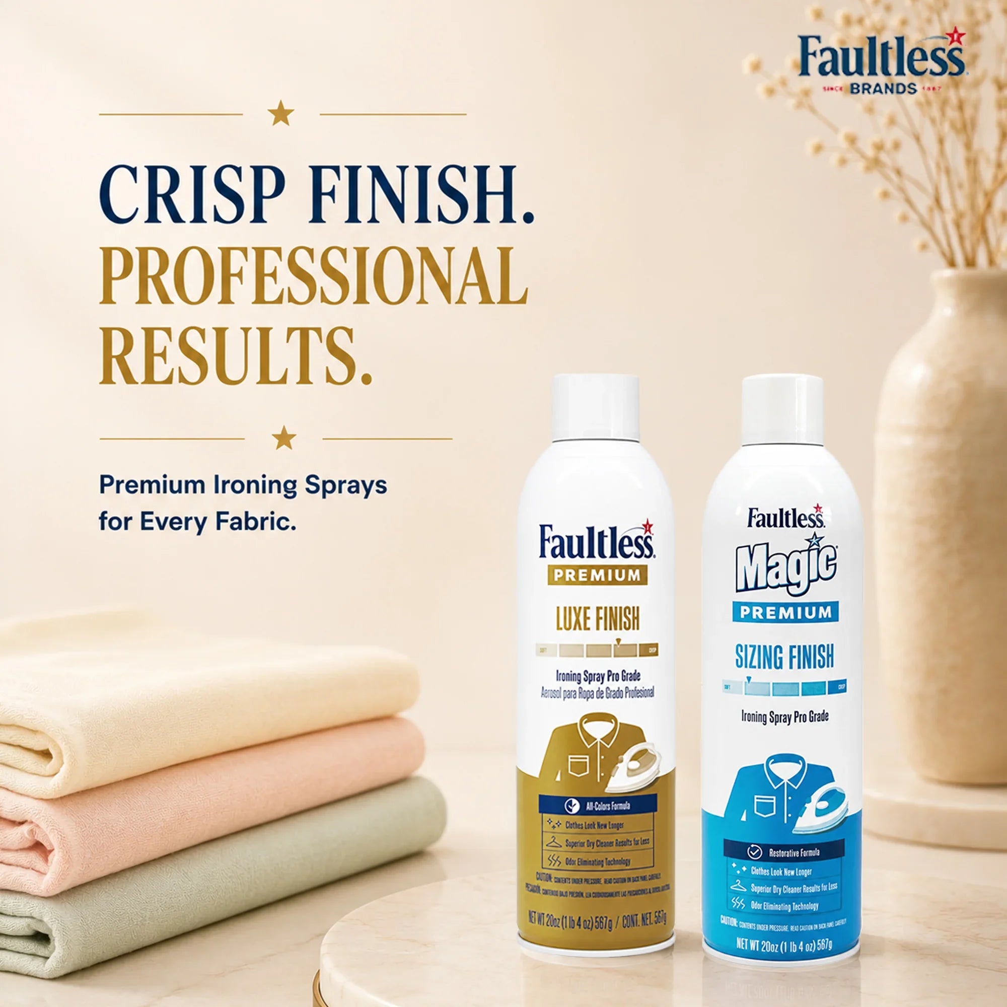 Faultless Premium Ironing Sprays for crisp, professional fabric finish – Luxe & Sizing formulas