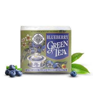Mlesna Blueberry Green Tea box with 50 tea bags, decorated with blueberries and green tea leaves