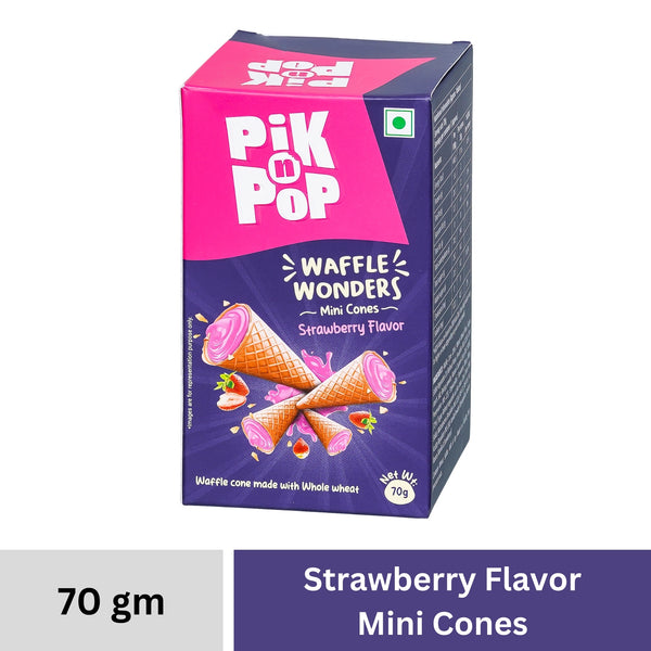 Pik n Pop Strawberry Flavour Mini Waffle Cones | 70g | Whole Wheat | Eggless