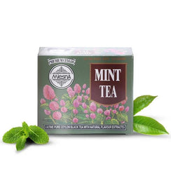 Mesna Premium Ceylon Mint Tea box with pink floral design, fresh mint and tea leaves